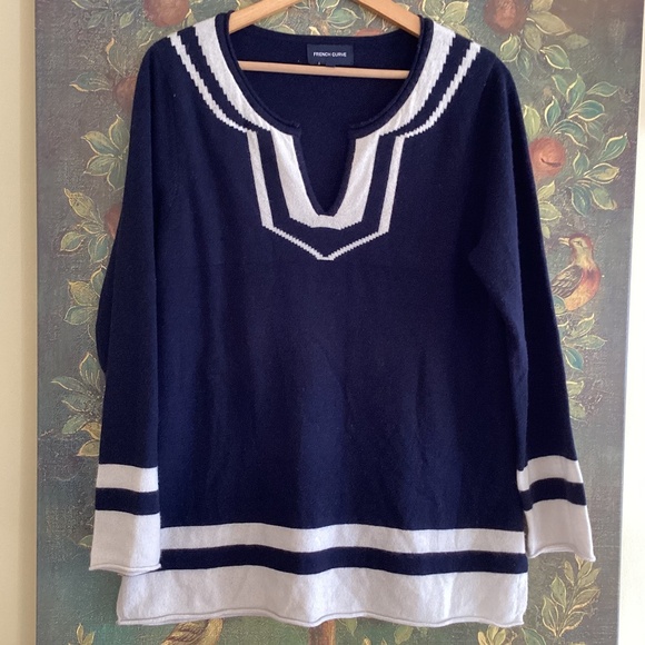 French Curve Sweaters - French Curve 100% Cashmere Navy Blue/White V-Neck Tunic Sweater Top Luxury NWOT